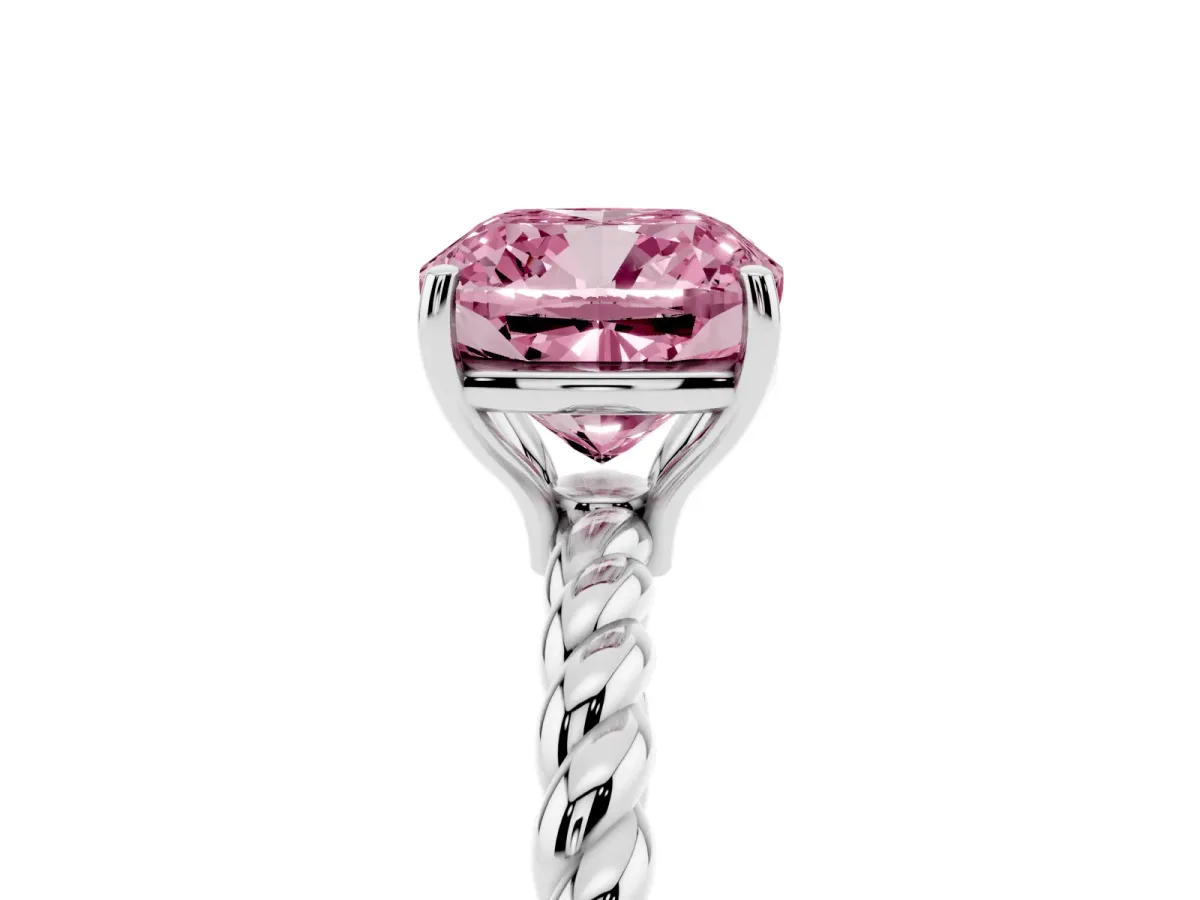 Fancy Pink Cushion Cut Solitaire Twist Band Ring with Four-Prong Setting Platinum