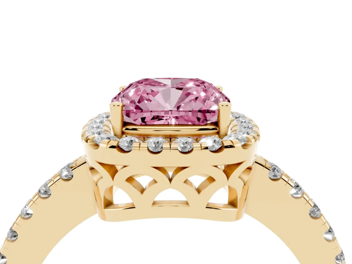 Fancy Pink Cushion Cut Halo Diamond Engagement Ring with Pavé Band and Four-Prong Setting Yellow gold