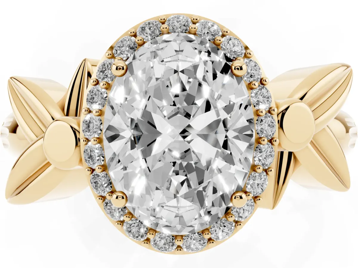 Oval Cut Halo Diamond Floral Band with Four-Prong Setting Yellow gold