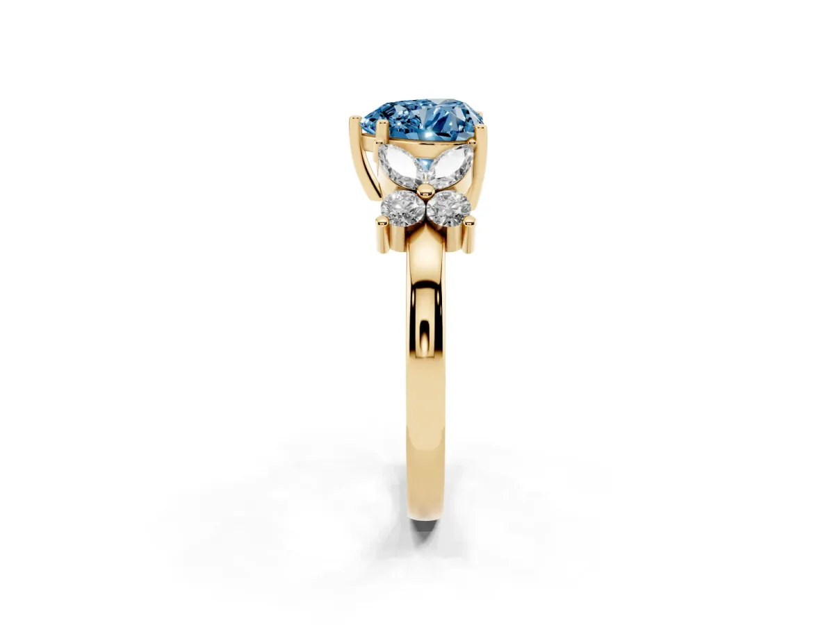 Fancy Blue Heart Cut Diamond Floral Cluster Ring with Solitaire Band and Prong Setting Yellow gold