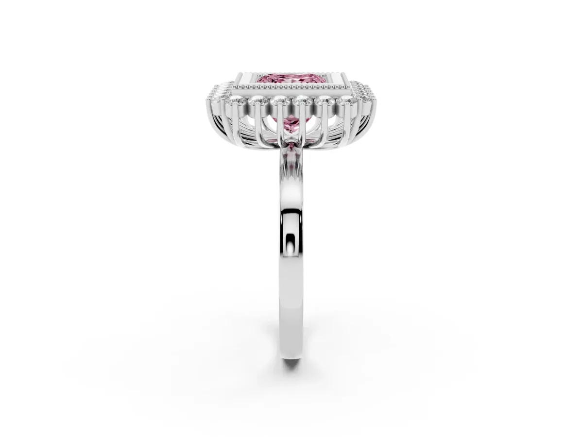Fancy Pink Princess Cut Halo Diamond Ring with Milgrain Edge and Round Prong Setting Silver