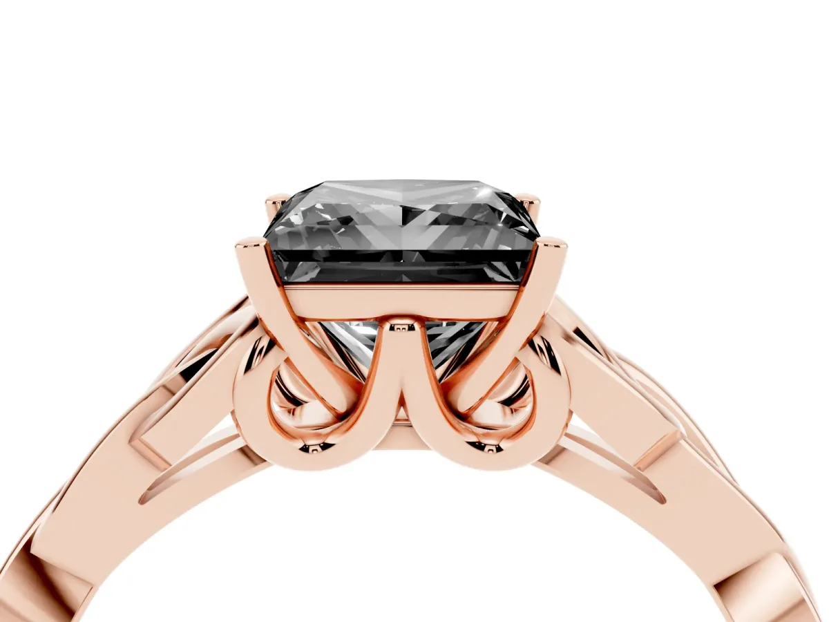 Fancy Black Princess Cut Diamond Solitaire Engagement Ring with Celtic Knot Band and Four-Prong Setting Rose gold