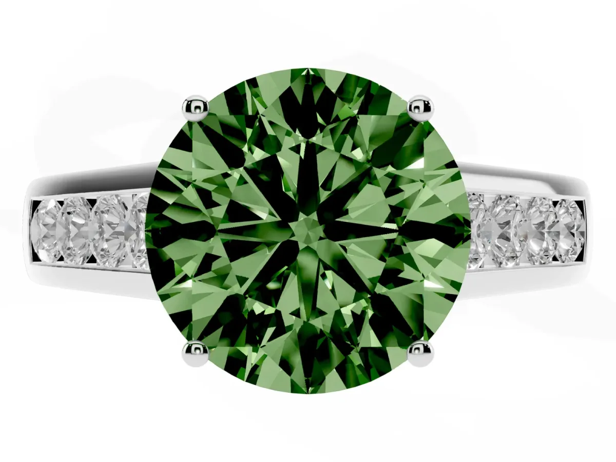 Fancy Green Round Cut Solitaire Channel-Set Diamond Engagement Ring with Four-Prong Setting Platinum