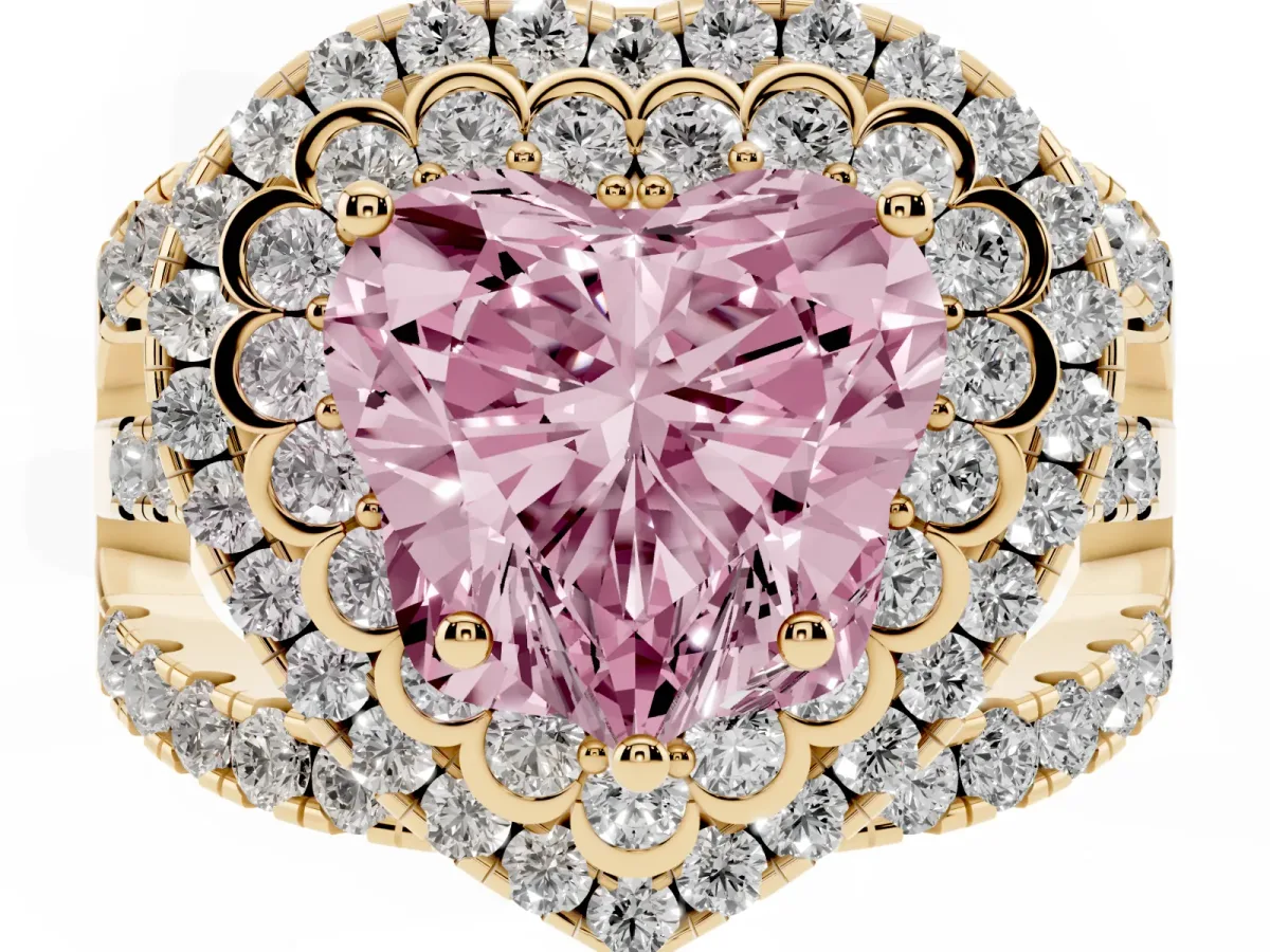 Fancy Pink Heart Cut Diamond Double Halo Ring with Round Pavé Split Shank and Prong Setting Yellow gold