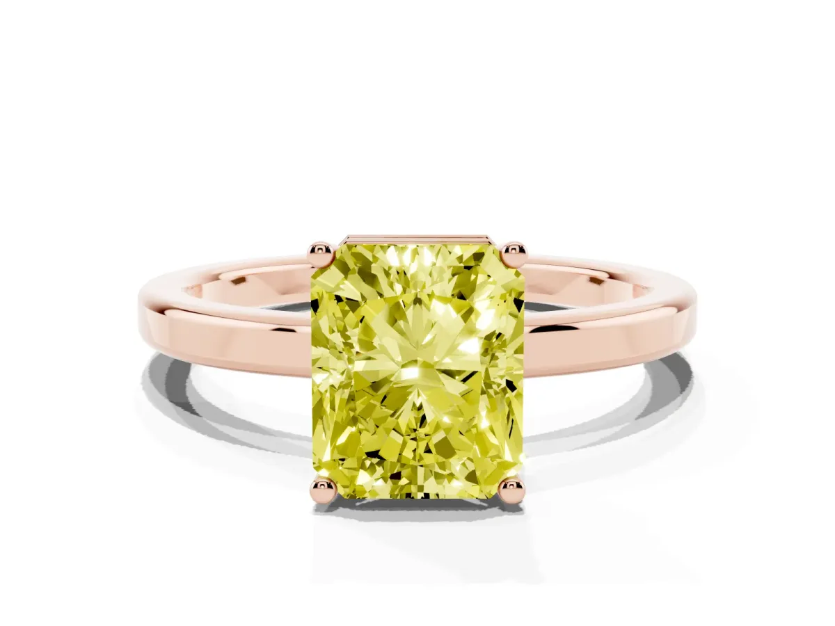 Fancy Yellow Radiant Cut Cut Solitaire Engagement Ring with Four-Prong Setting on a Classic Band Rose gold