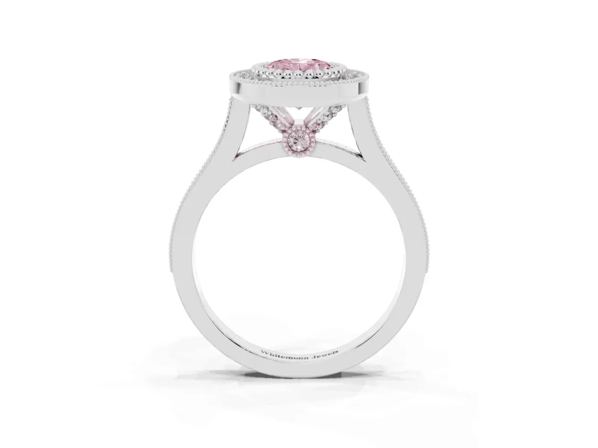 Fancy Pink Oval Cut Diamond Halo Ring with Milgrain Frame and Pavé Band Silver