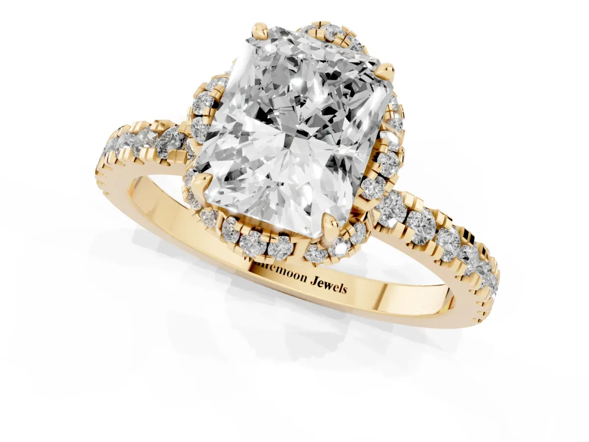 Radiant Cut Halo Diamond Pave Band Ring with Four-Prong Setting Yellow gold