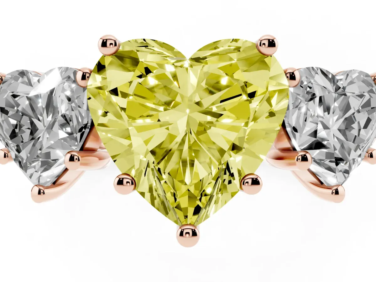 Fancy Yellow Three-Stone Heart Cut Diamond Ring with Round Pavé Band and Prong Setting Rose gold