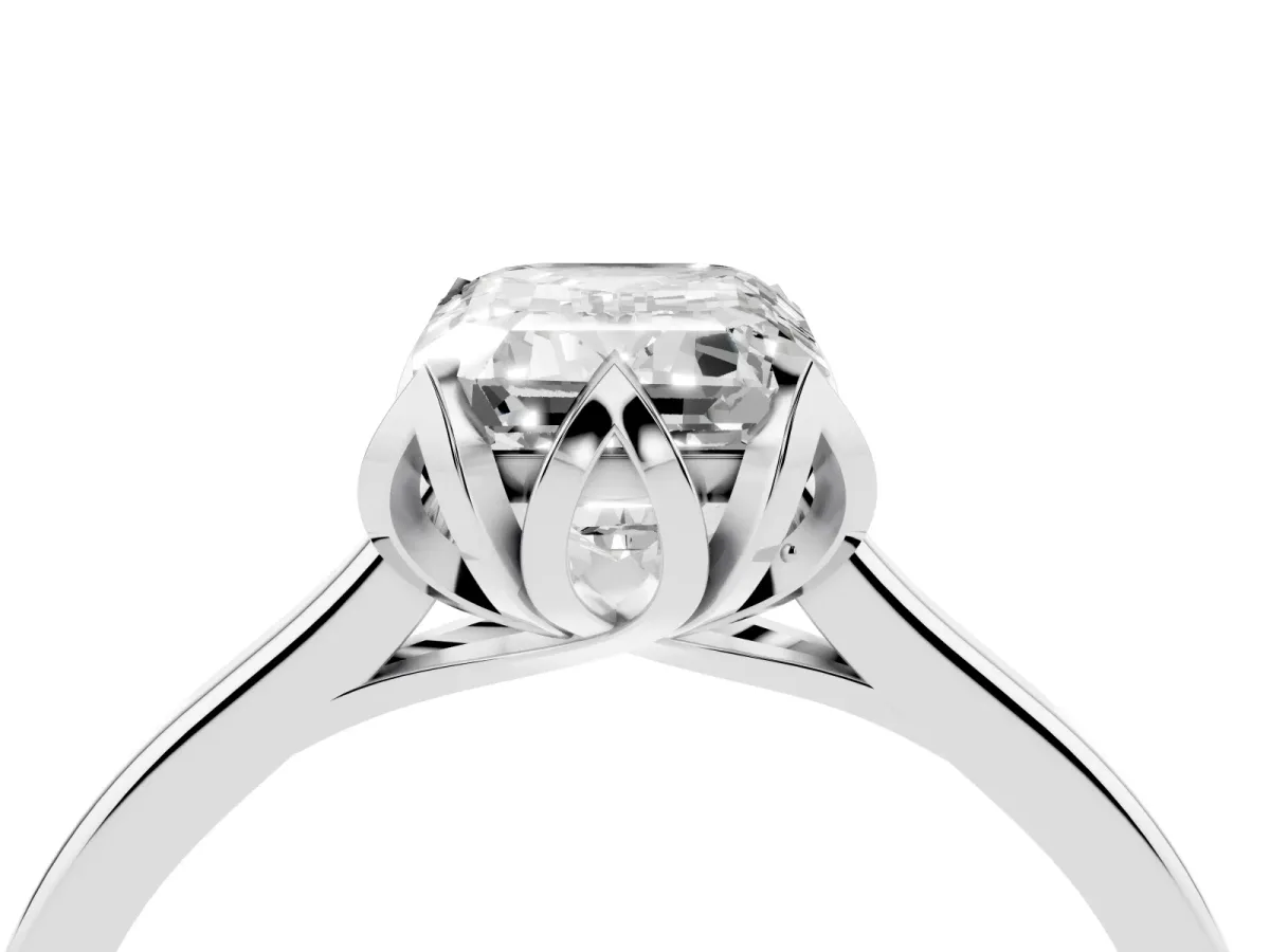 Emerald Cut Diamond Solitaire Ring with Flower Prong Setting and Classic Band Platinum