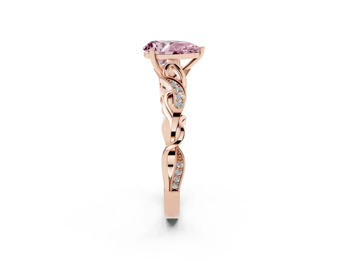 Fancy Pink Pear Cut Solitaire Vine Band with Milgrain Prong Setting Rose gold