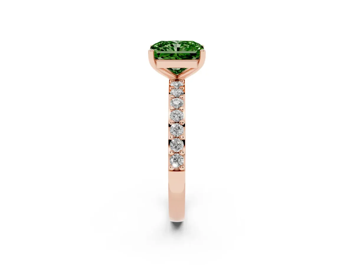 Fancy Green Radiant Cut Cut Diamond Solitaire with Pave Band and Four-Prong Setting Rose gold