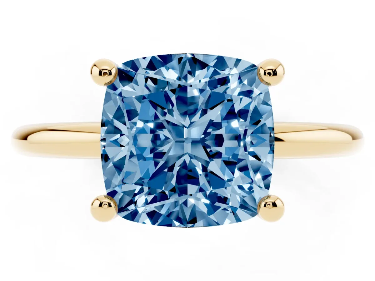 Fancy Blue Cushion Cut Solitaire Diamond Ring with 4-Prong Setting on a Classic Band Yellow gold