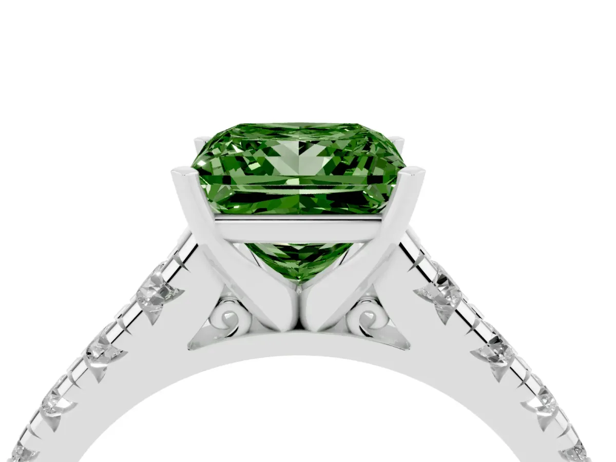 Fancy Green Princess Cut Diamond Cathedral Solitaire Ring with Round Pavé Band Silver