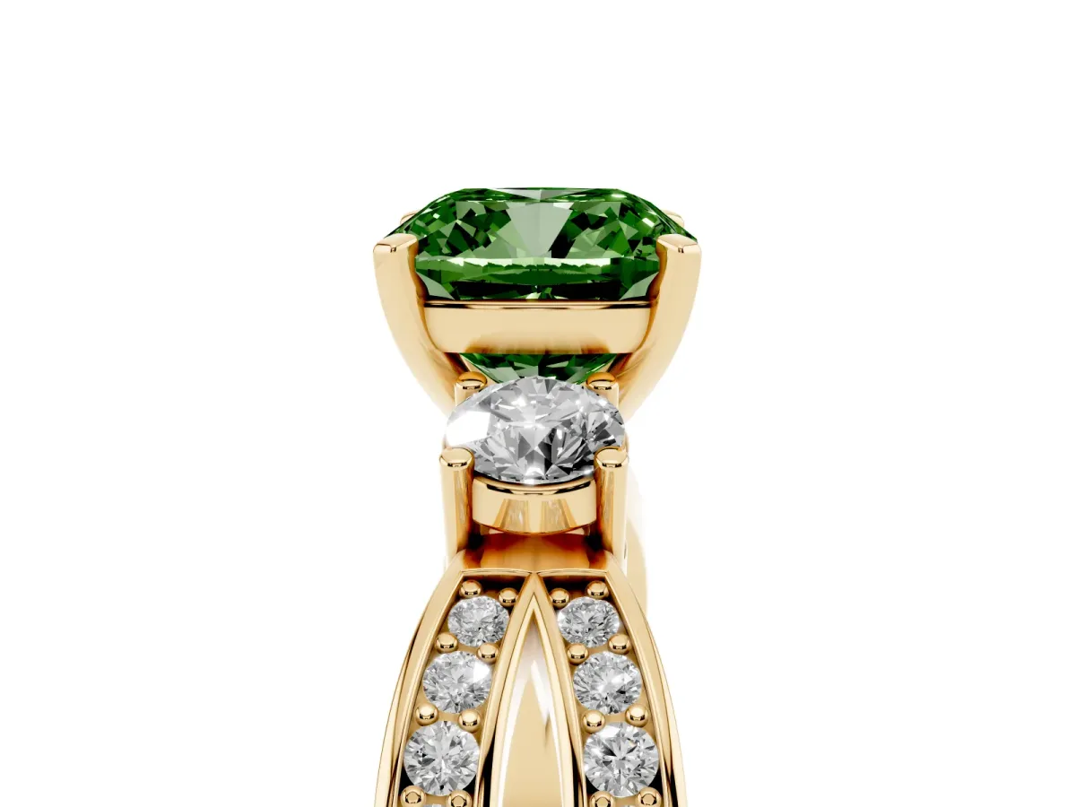 Fancy Green Three-Stone Cushion Cut Cut Diamond Twist Band with Prong Setting Yellow gold