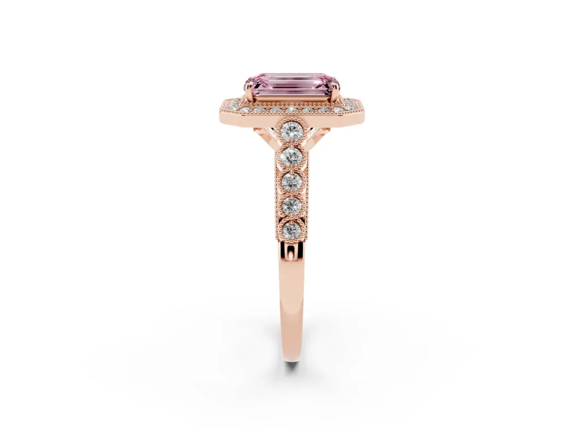 Fancy Pink Emerald Cut Halo Milgrain Solitaire with Bezel Set Side Stones and Pave Band Rose gold
