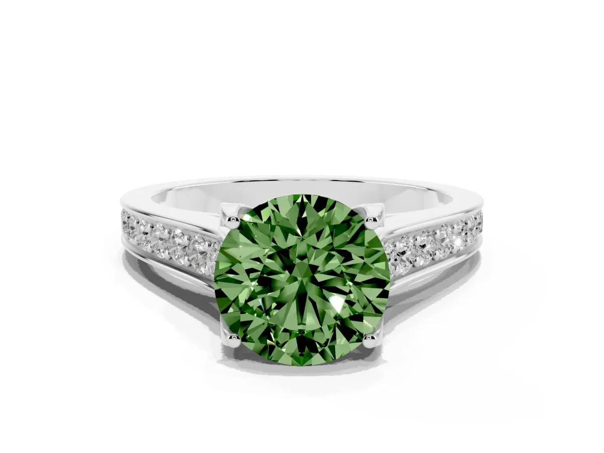 Fancy Green Round Cut Brilliant Cut Diamond Engagement Ring with Pavé Band and Four-Prong Setting Platinum
