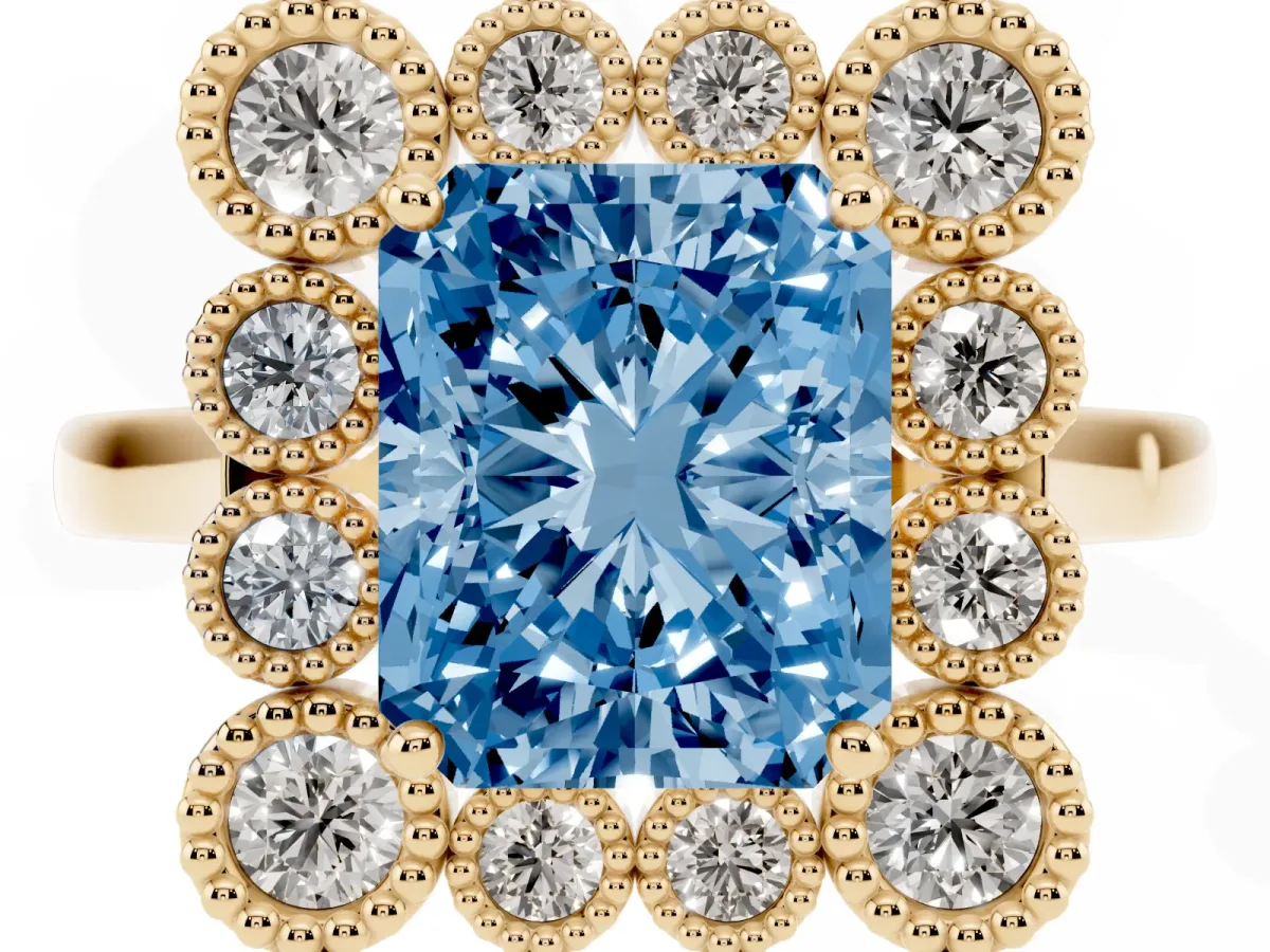 Fancy Blue Radiant Cut Halo Diamond Cluster Engagement Ring with Milgrain Bezel Setting and Solitaire Band Yellow gold