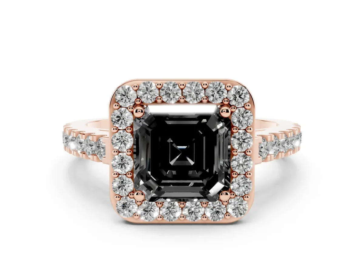Fancy Black Asscher Cut Diamond Halo Ring with Round Pavé Split Shank and Prong Setting Rose gold