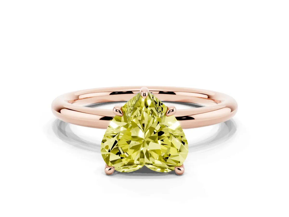 Fancy Yellow Heart Cut Diamond Solitaire Ring with Thin Band and Four-Prong Setting Rose gold