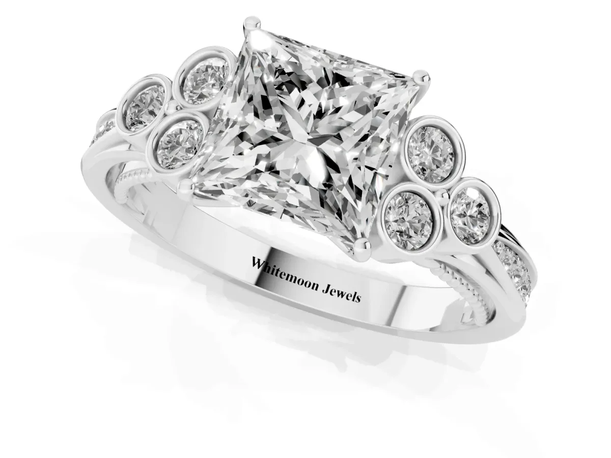 Princess Cut Cut Diamond Engagement Ring with Bezel Set Round Side Stones and Prong Setting Platinum