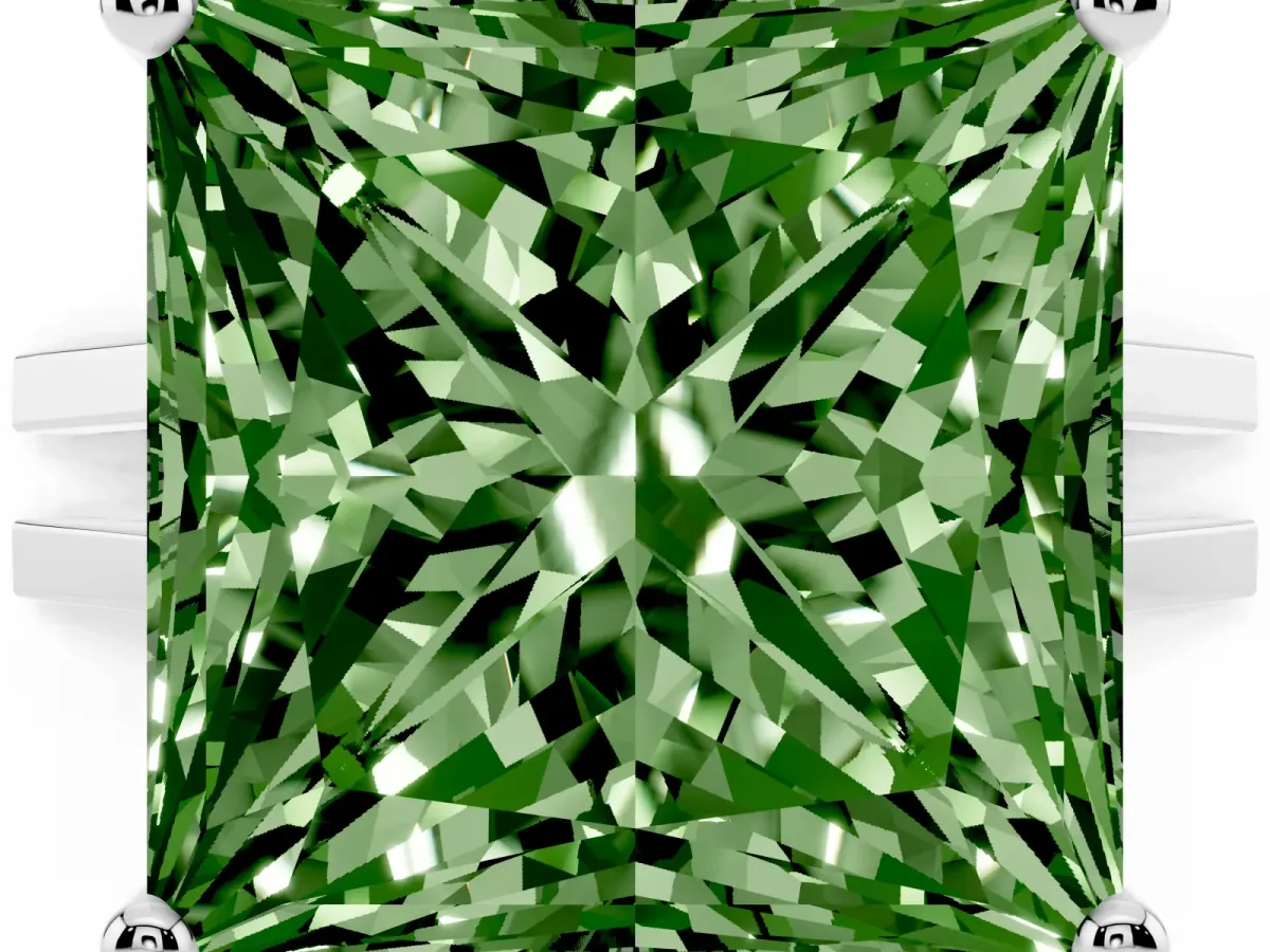 Fancy Green Princess Cut Cut Diamond Solitaire Engagement Ring with Tapered Plain Band and Four-Prong Setting Silver
