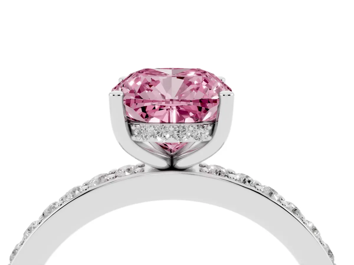 Fancy Pink Cushion Cut Cut Diamond Pavé Band Ring with Four-Prong Setting Silver