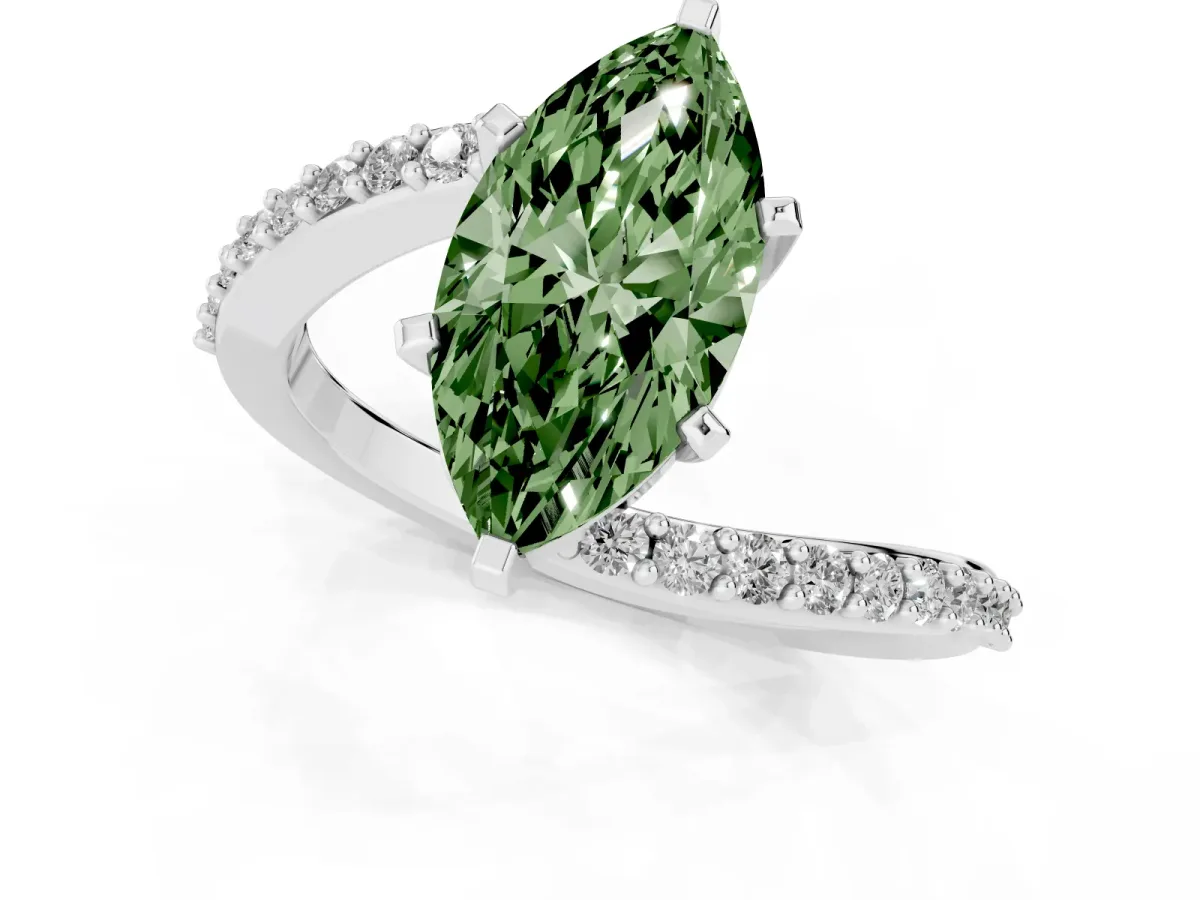 Fancy Green Marquise Cut Solitaire Twist Band with Pave Set Diamonds and Four-Prong Setting White gold