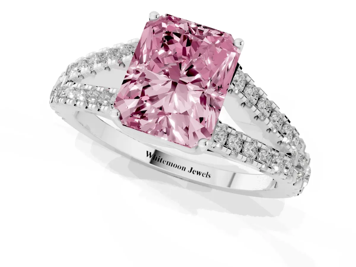 Fancy Pink Radiant Cut Diamond Split Shank Pavé Engagement Ring with Four-Prong Setting Silver