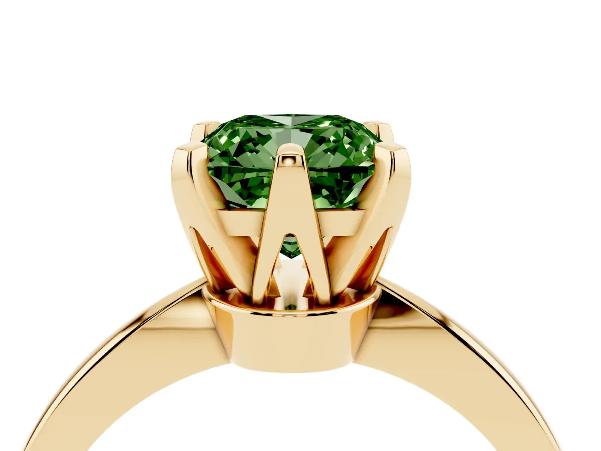 Fancy Green Cushion Cut Solitaire Engagement Ring with Six-Prong Setting and Tapered Band Yellow gold