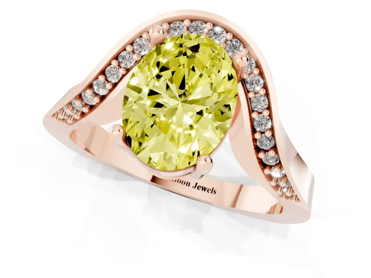 Fancy Yellow Oval Cut Solitaire Diamond Engagement Ring with Pave Band and Four-Prong Setting Rose gold