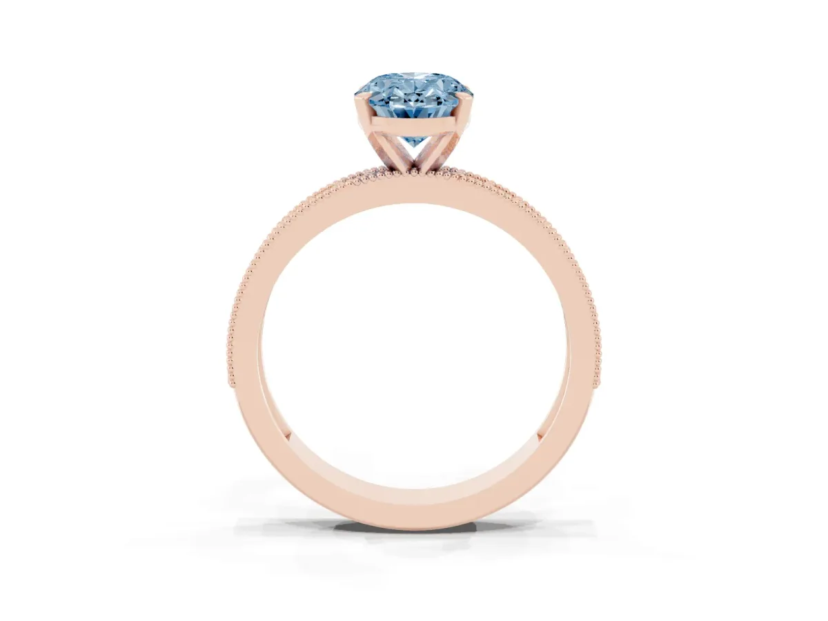 Fancy Blue Oval Cut Diamond Milgrain Pavé Engagement Ring with Four-Prong Setting Rose gold