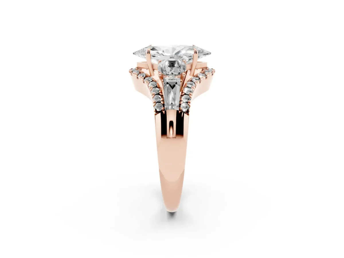 Three-Stone Marquise Cut Diamond Engagement Ring with Pave Band and Prong Setting Rose gold