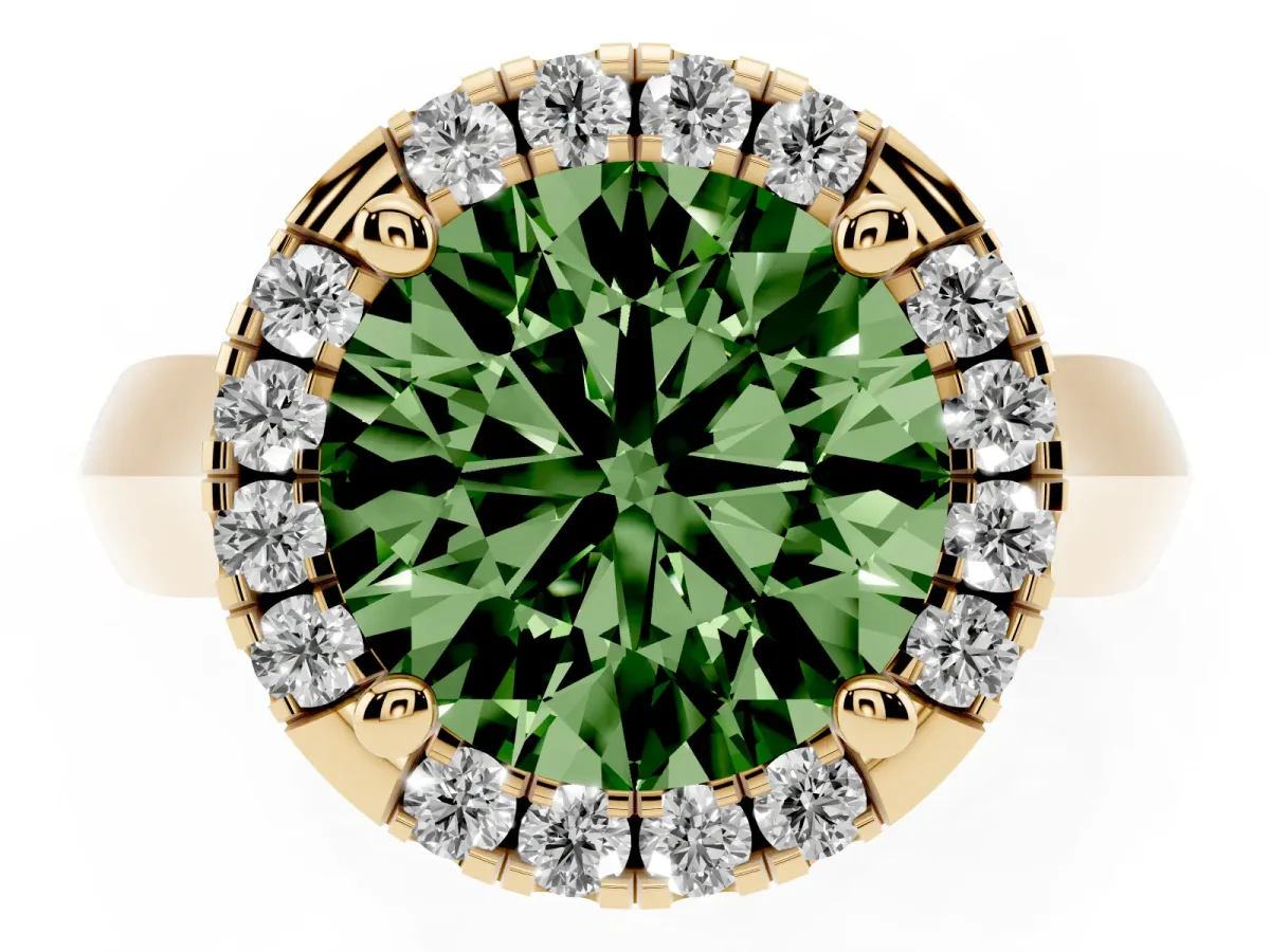 Fancy Green Round Cut Cut Halo Solitaire Engagement Ring with Square Band and Four-Prong Setting Yellow gold