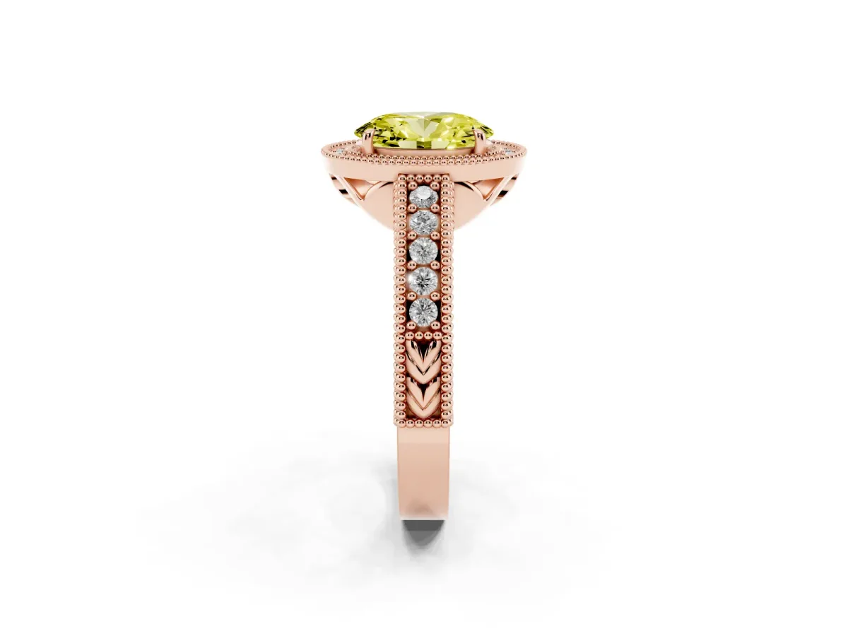 Fancy Yellow Oval Cut Cut Halo Diamond Ring with Pavé Band and Four-Prong Setting Rose gold