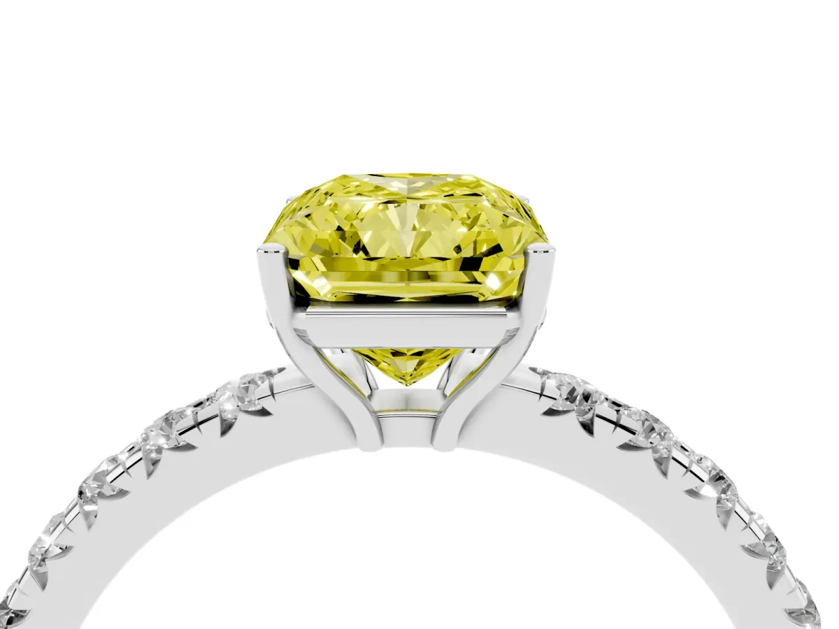 Fancy Yellow Radiant Cut Diamond Pavé Solitaire Engagement Ring with Four-Prong Setting Silver