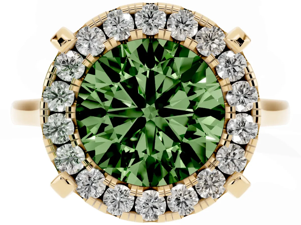 Fancy Green Round Cut Diamond Cluster Halo Solitaire with Four-Prong Setting Yellow gold