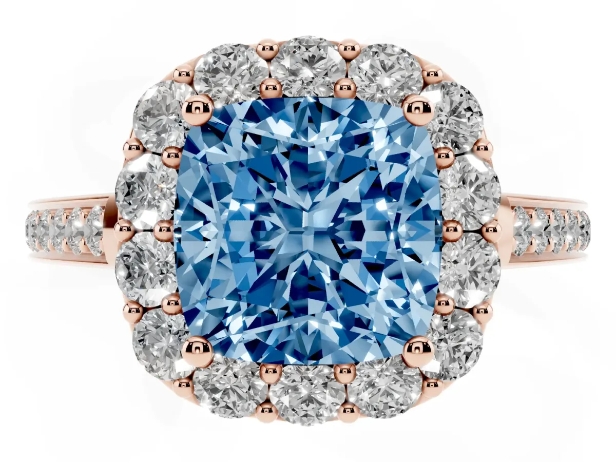 Fancy Blue Cushion Cut Diamond Floral Halo Ring with Pavé Band and Prong Setting Rose gold