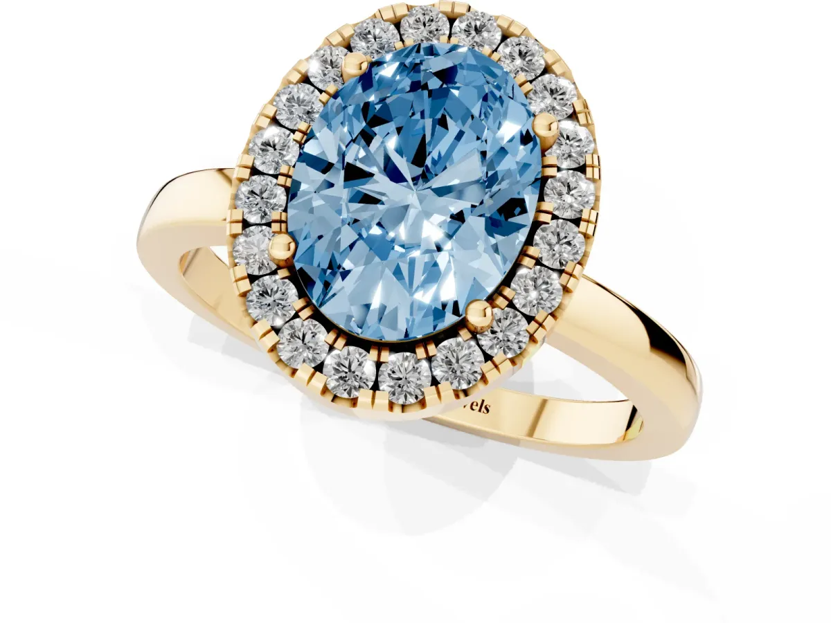 Fancy Blue Oval Cut Halo Diamond Solitaire with Pavé Band and Four-Prong Setting Yellow gold