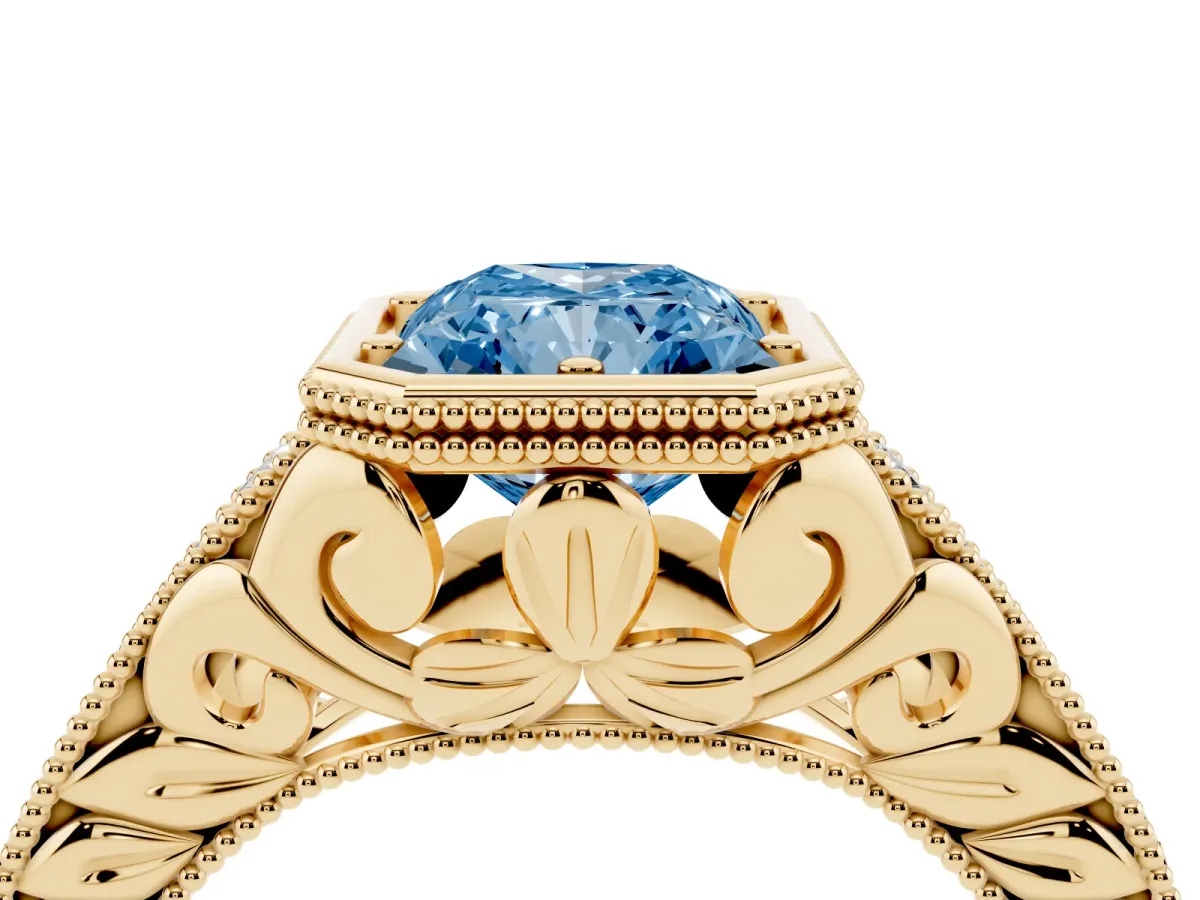 Fancy Blue Bezel Set Radiant Cut Diamond Milgrain Pave Engagement Ring Yellow gold