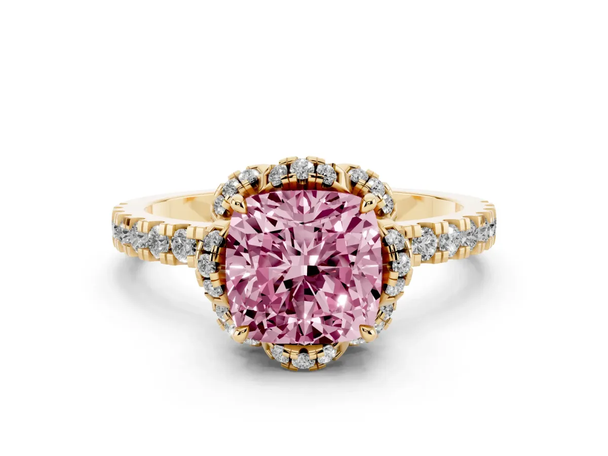 Fancy Pink Cushion Cut Diamond Halo Pave Band with Four-Prong Setting Yellow gold
