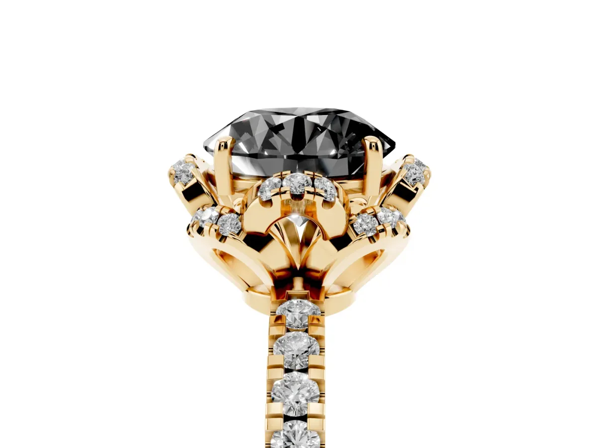 Fancy Black Round Cut Diamond Halo Pave Band with Four-Prong Setting Yellow gold