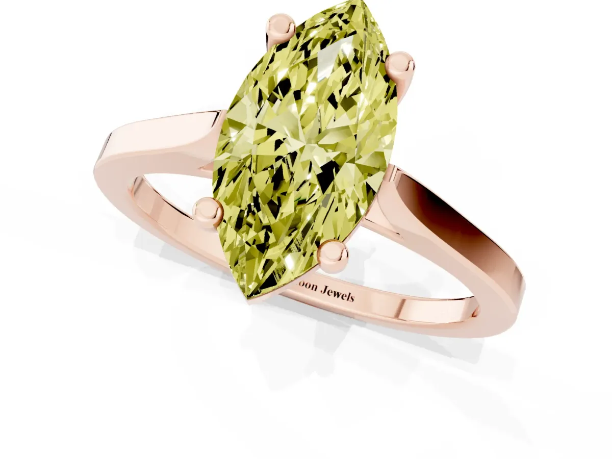 Fancy Yellow Marquise Cut Solitaire Diamond Ring with Four-Prong Setting and Tapered Band Rose gold