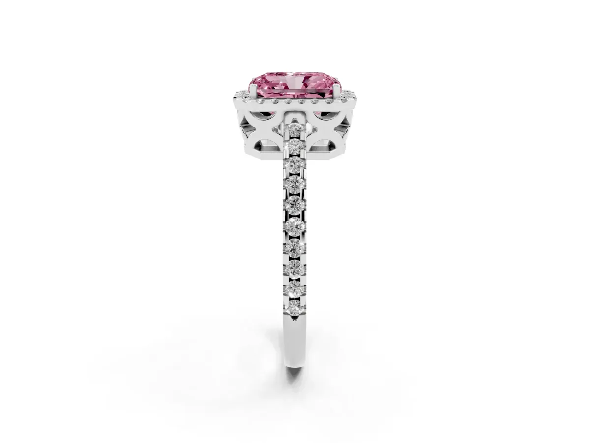 Fancy Pink Radiant Cut Diamond Halo Engagement Ring with Pavé Band and Prong Setting Silver