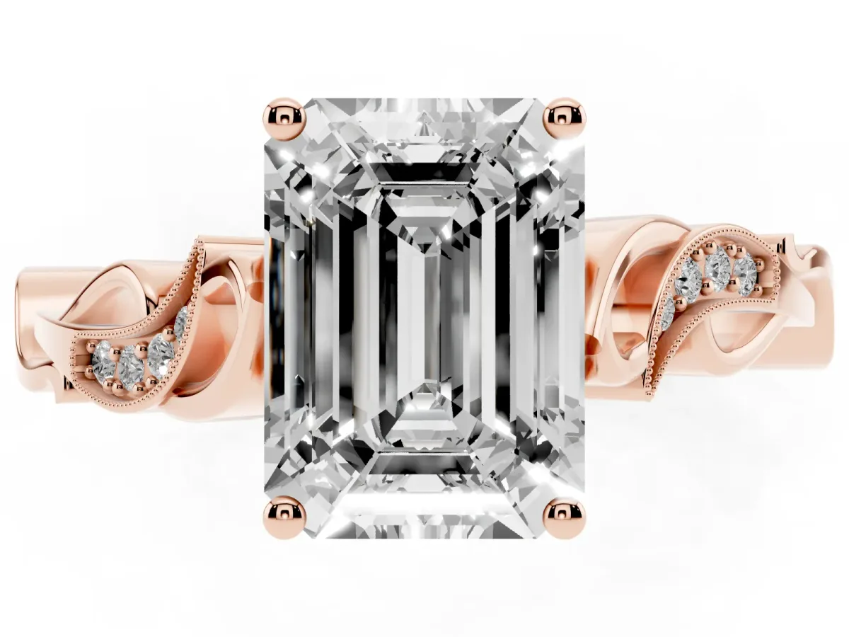Emerald Cut Solitaire Vine Band with Milgrain Prong Setting Rose gold