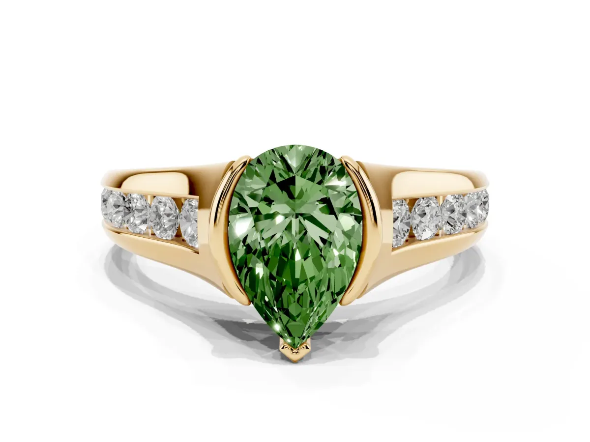 Fancy Green Pear Cut Solitaire Bezel-Set Diamond Ring with Channel-Set Band Yellow gold