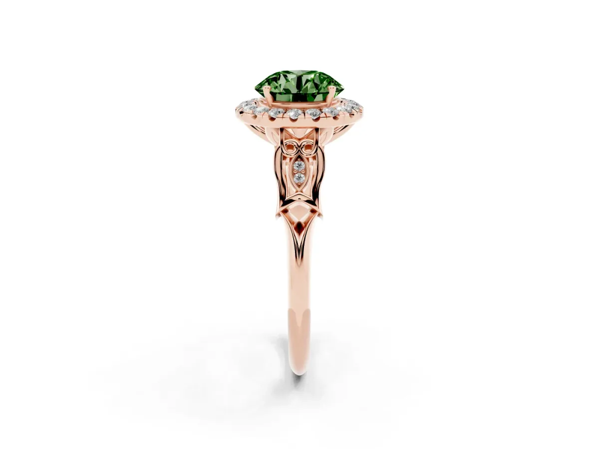 Fancy Green Round Cut Halo Diamond Engagement Ring with Filigree Band and Four-Prong Setting Rose gold
