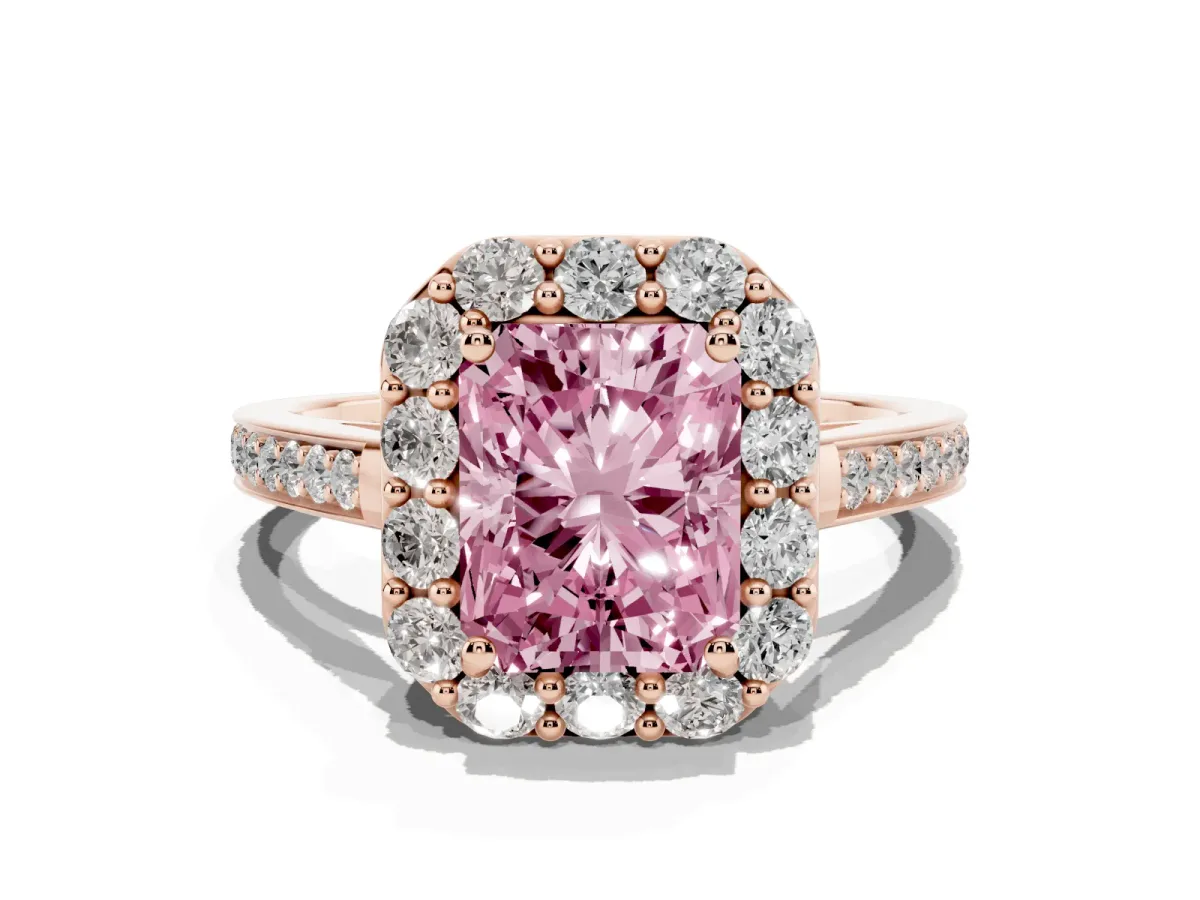 Fancy Pink Radiant Cut Diamond Floral Halo Ring with Pavé Band and Prong Setting Rose gold