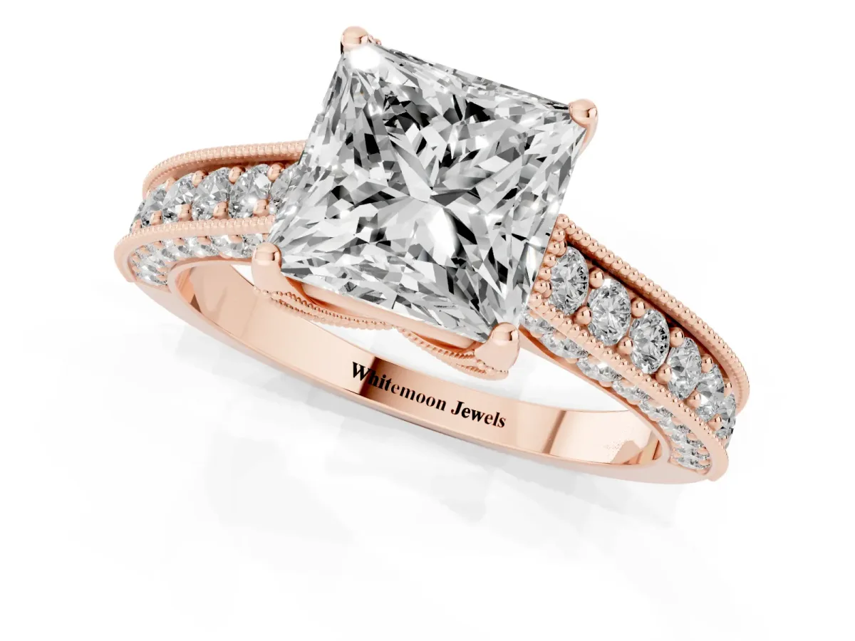 Princess Cut Cut Diamond Solitaire Ring with Milgrain Pave Band and Four Prong Setting Rose gold
