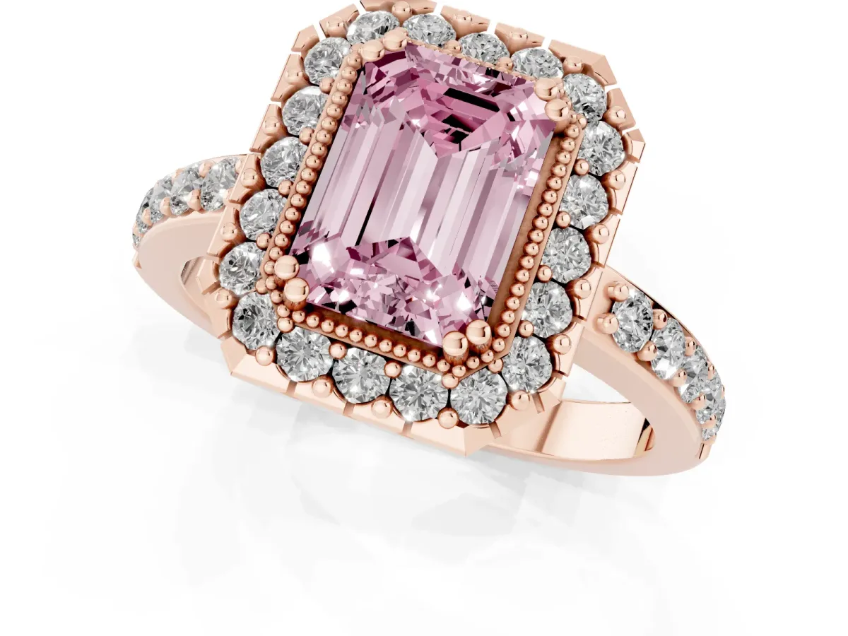Fancy Pink Emerald Cut Diamond Halo Ring with Pavé Band and Prong Setting Rose gold