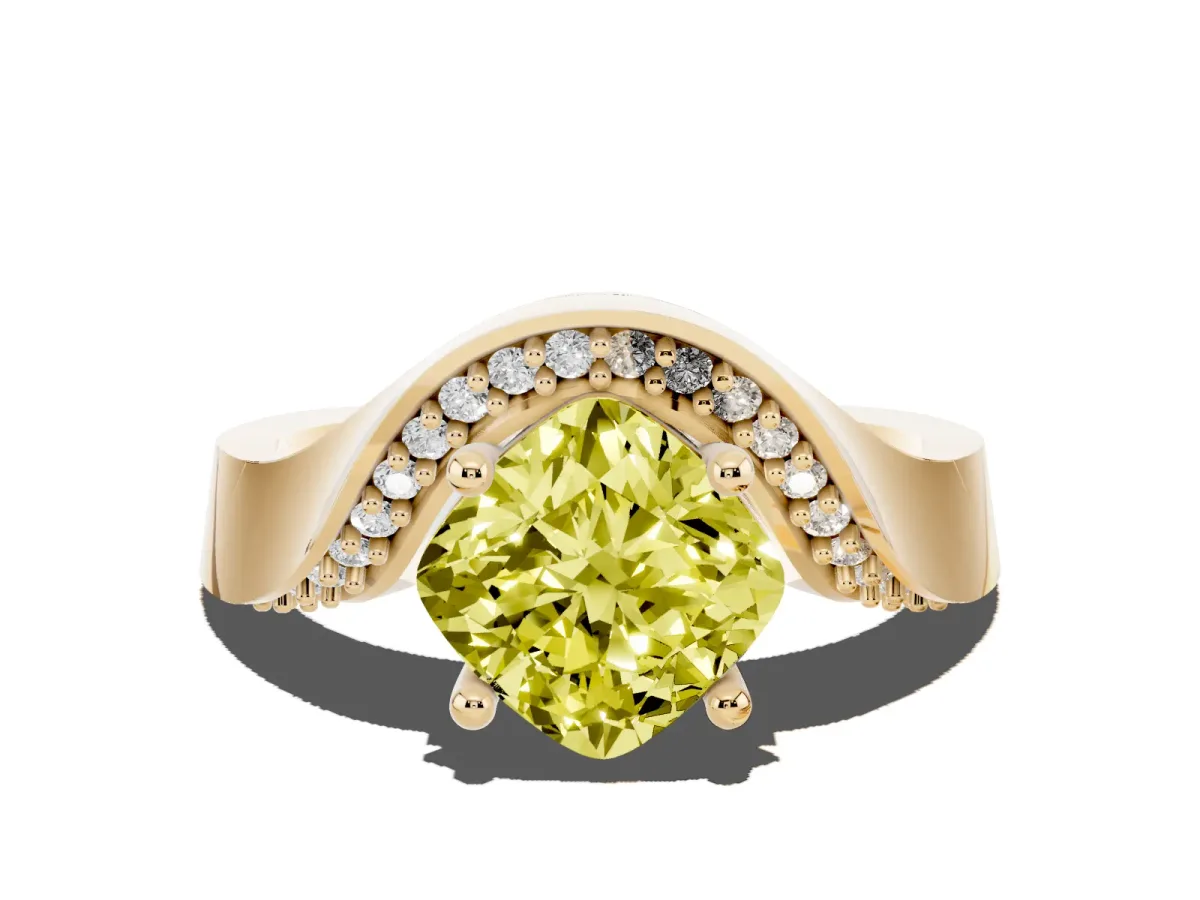 Fancy Yellow Cushion Cut Solitaire Diamond Engagement Ring with Pave Band and Four-Prong Setting Yellow gold